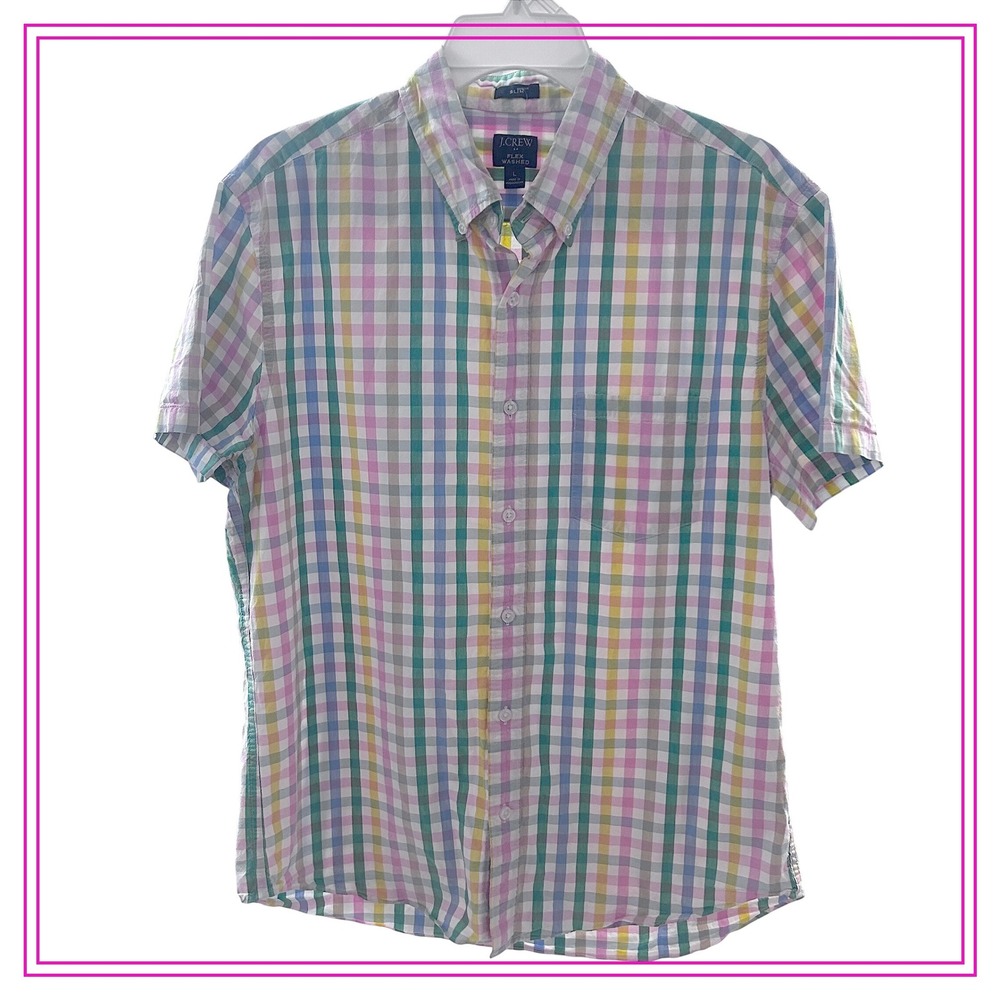 J.Crew Flex Washed Slim Fit Short Sleeve Shirt Mens Large Multi Pastel Gingham